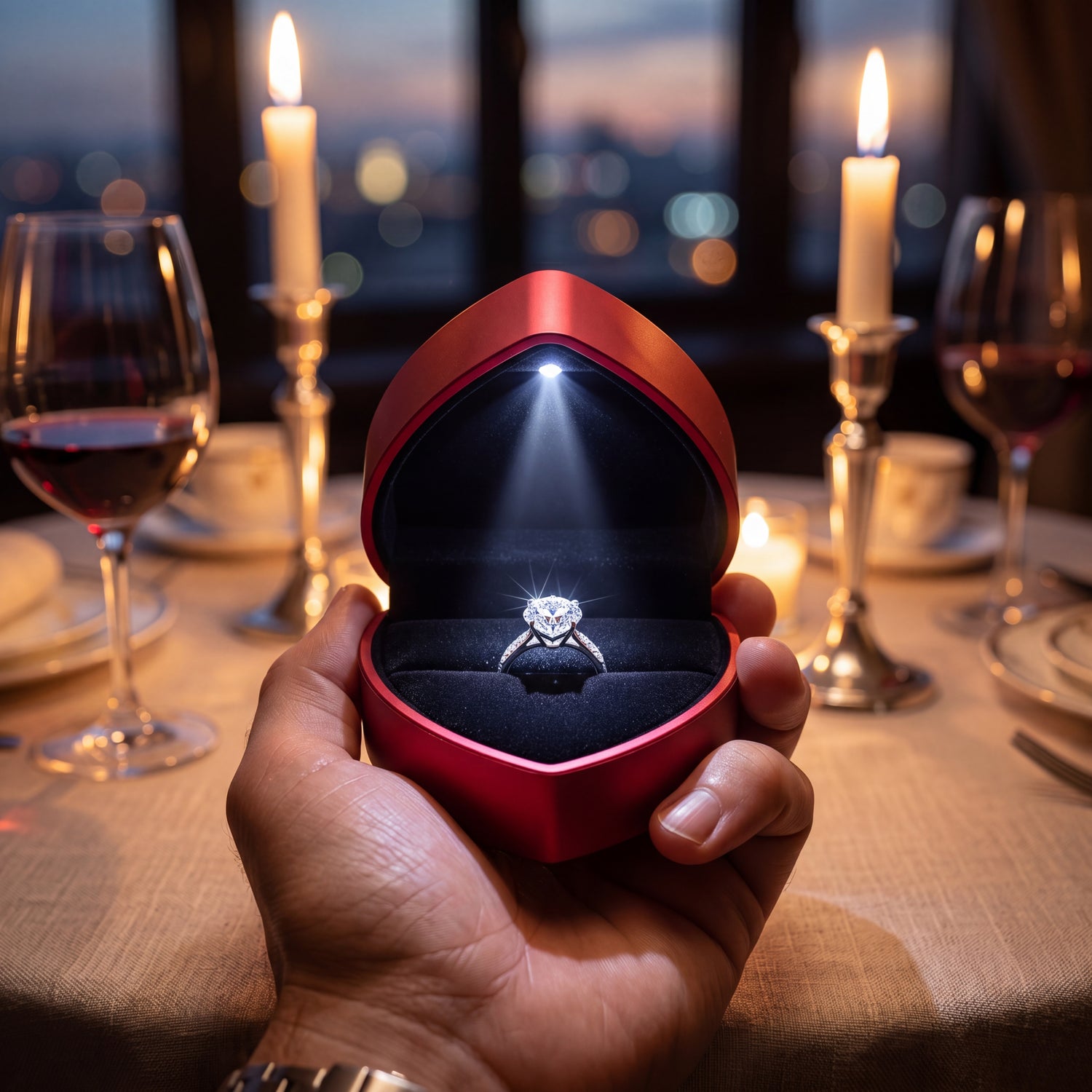 Ormelya Lumière Heart · Rouge · held in hand at golden hour · luxury proposal box