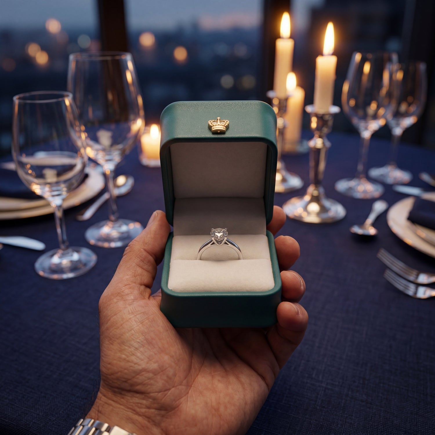 Emerald Green ring box open with diamond ring at proposal dinner · Ormelya