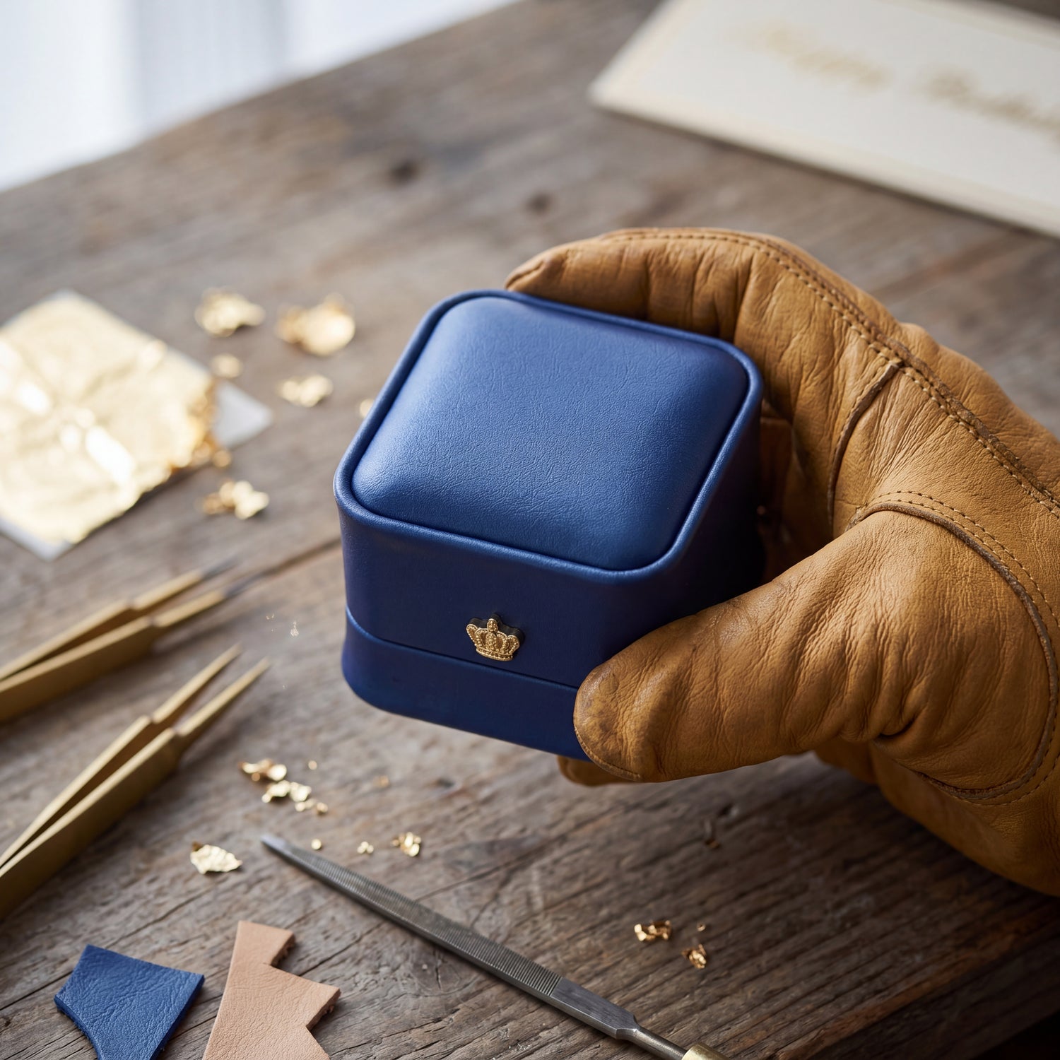 Sapphire Blue ring box held in leather gloves artisan workshop · Ormelya