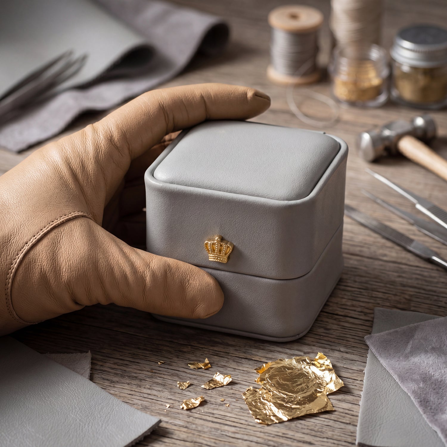 Slate Grey ring box held in leather gloves artisan workshop · Ormelya