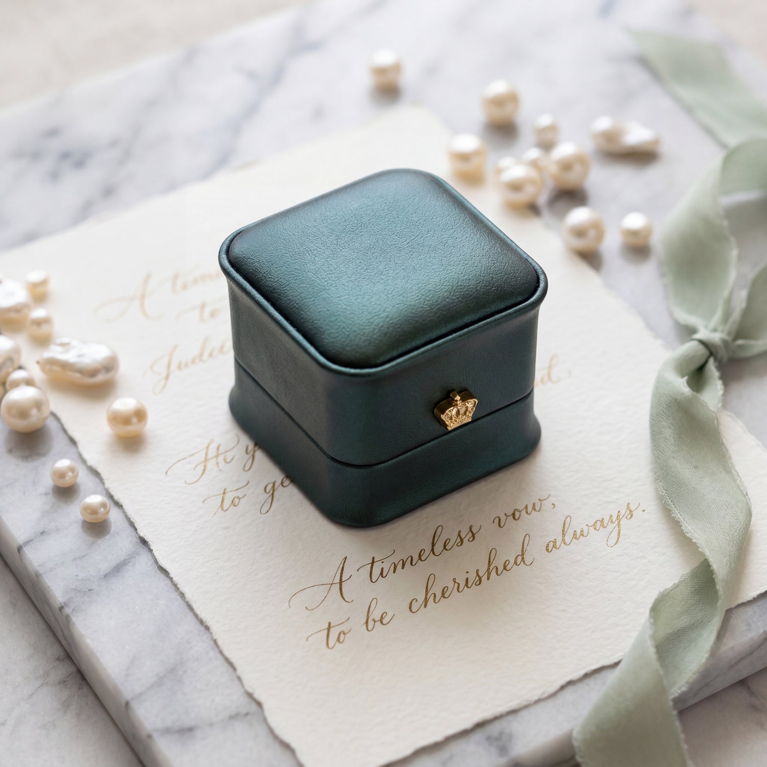 Forest Teal ring box closed wedding flatlay with pearls and ribbon · Ormelya