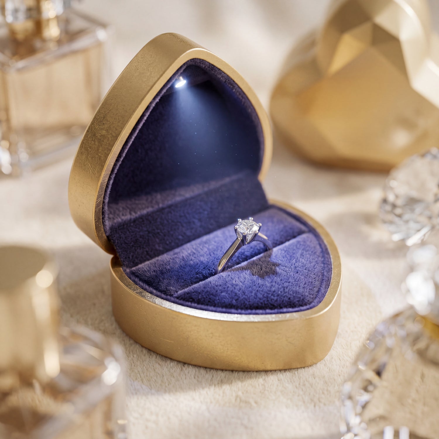 Ormelya Lumière Heart · Gold · open with engagement ring lit by integrated LED