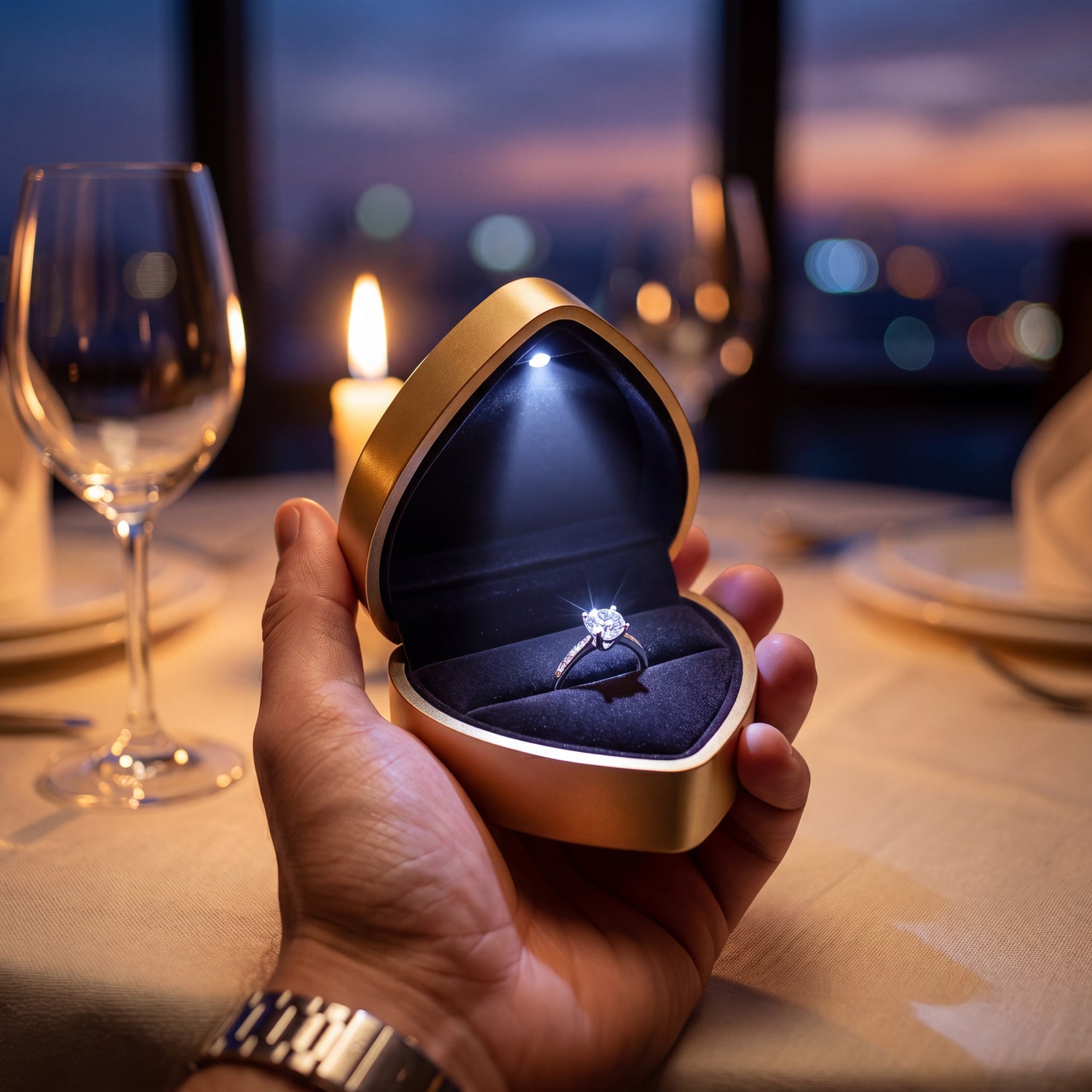 Ormelya Lumière Heart · Gold · held in hand at sunset · luxury proposal box