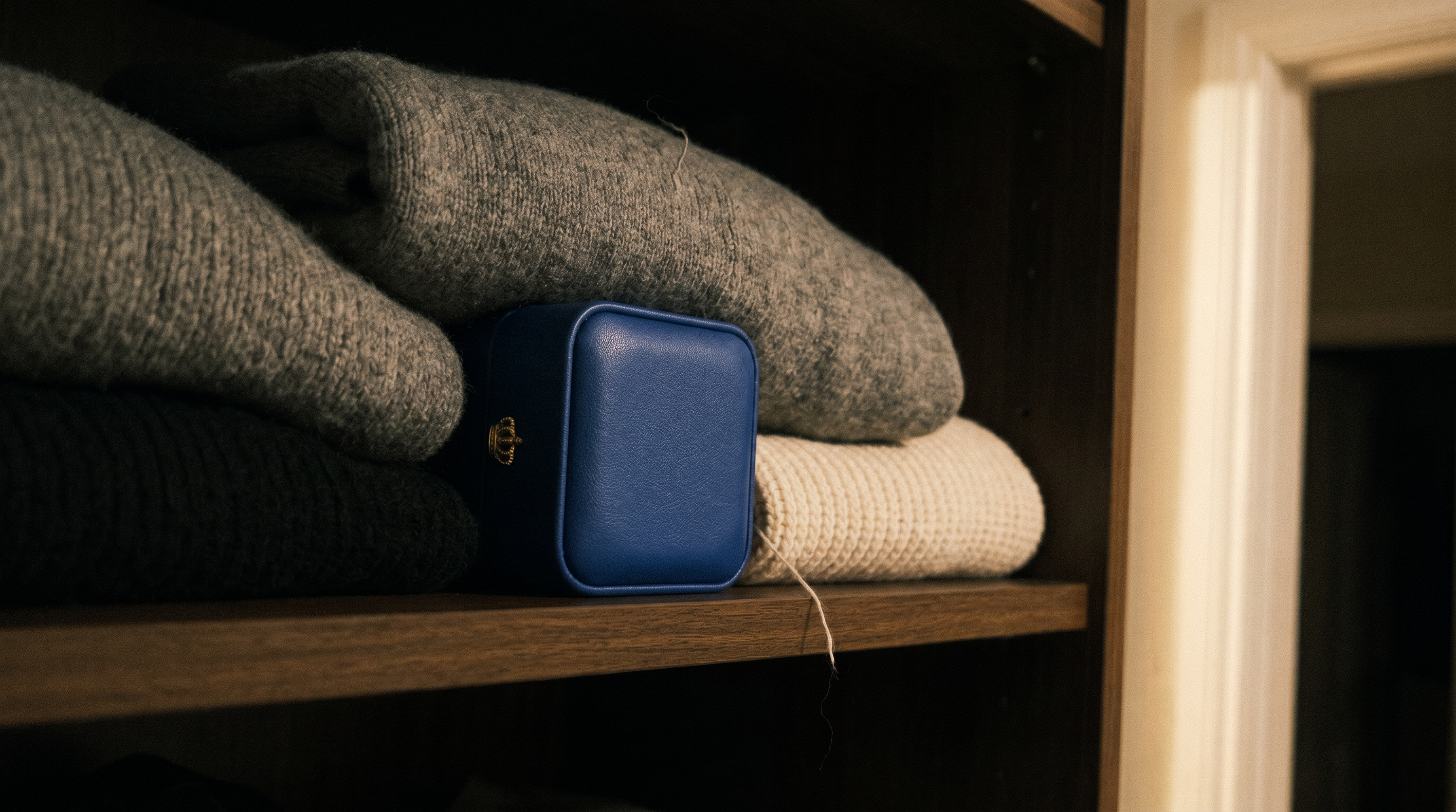 Sapphire Blue Ormelya engagement ring box hidden between folded sweaters on a closet shelf at dusk