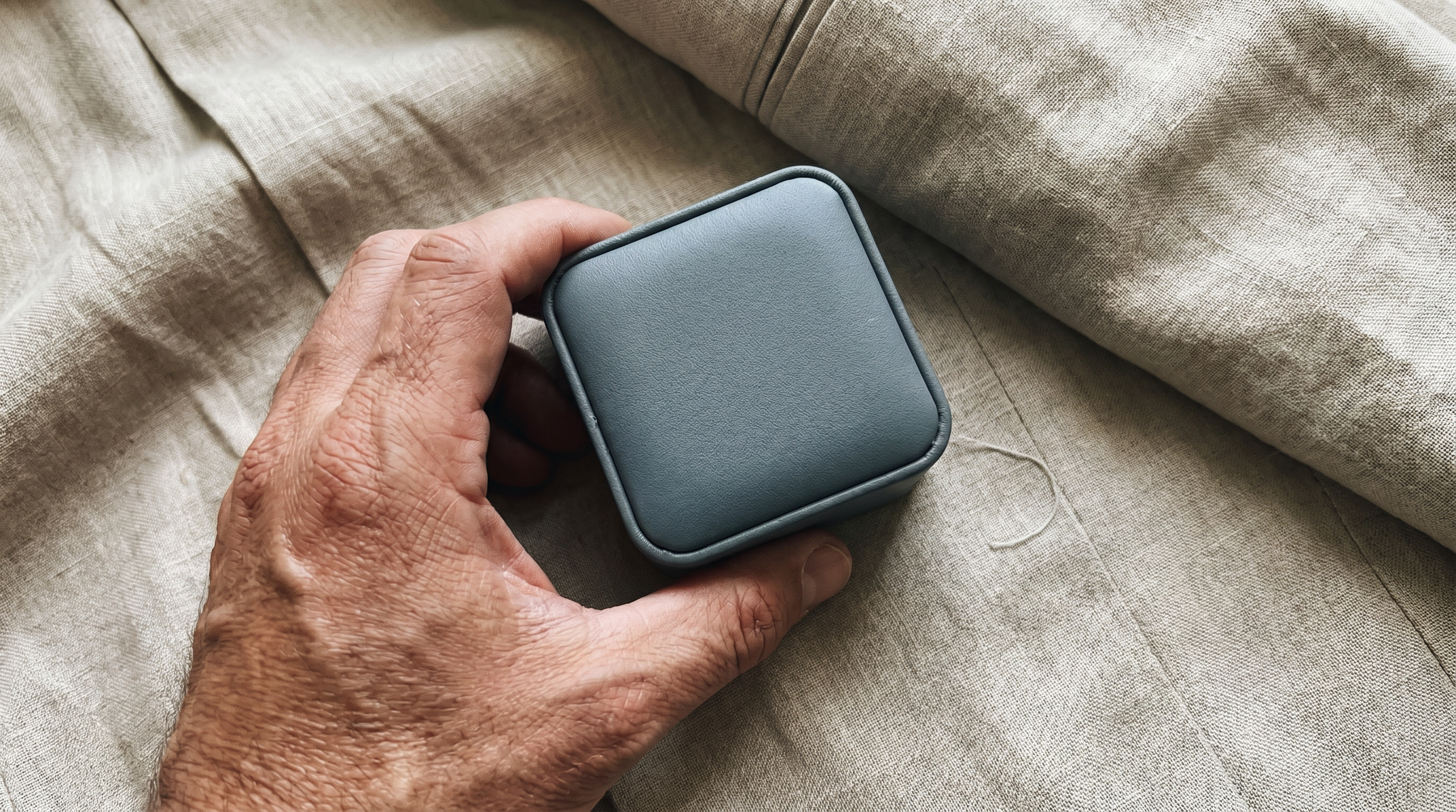 Slate Grey Ormelya Signature ring box held flat against a linen jacket pocket in morning light