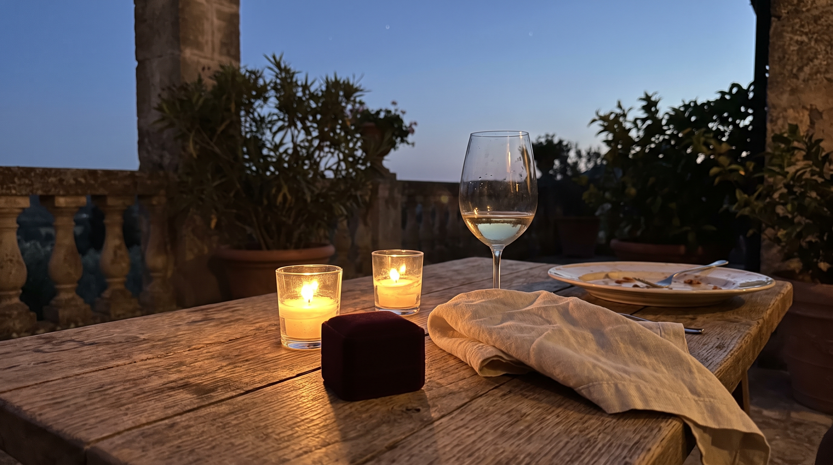 Evening candlelit proposal table at dusk with a closed ring box beside two candles