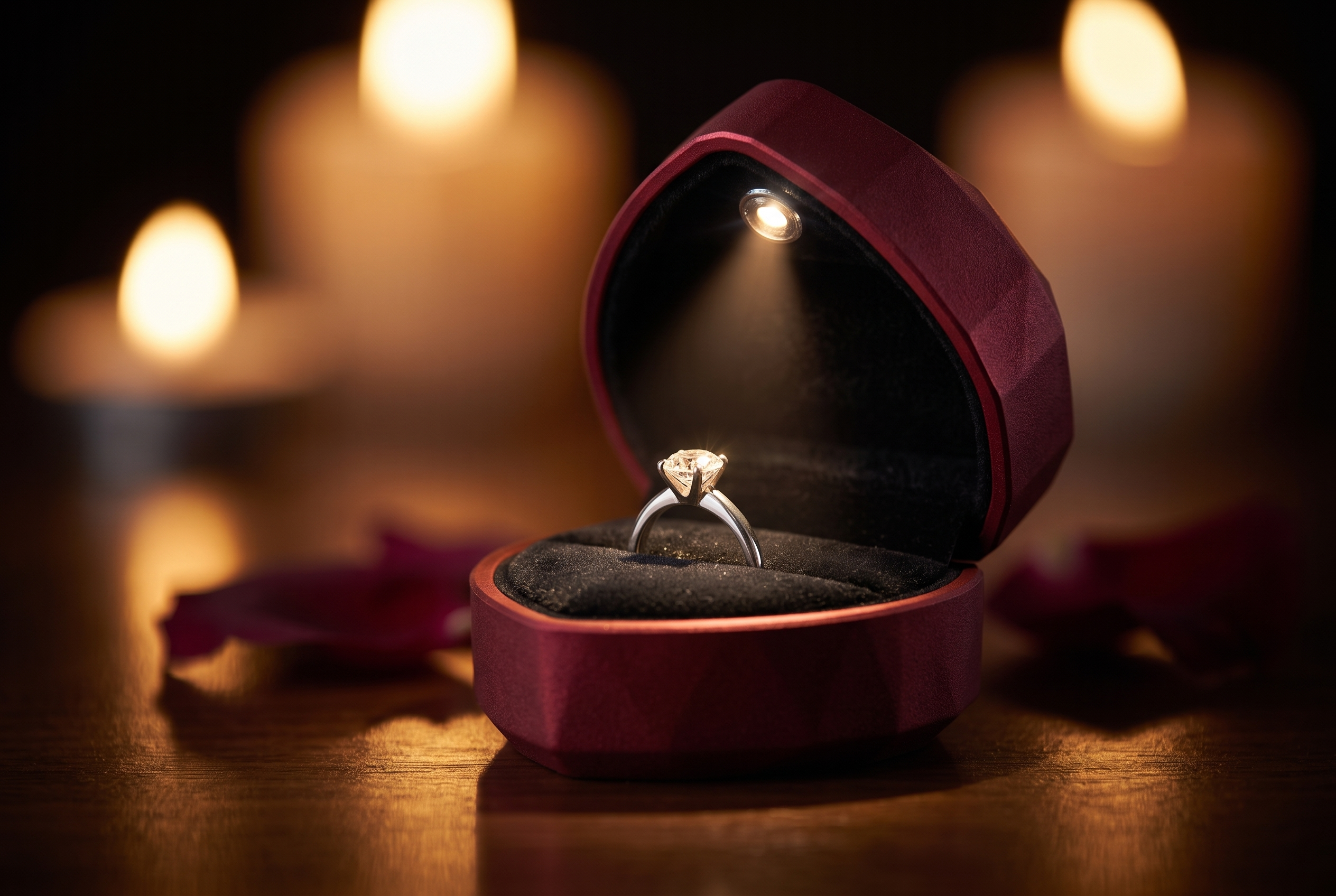 Ormelya Lumiere Heart LED ring box in rouge, open with a diamond ring lit by candlelight