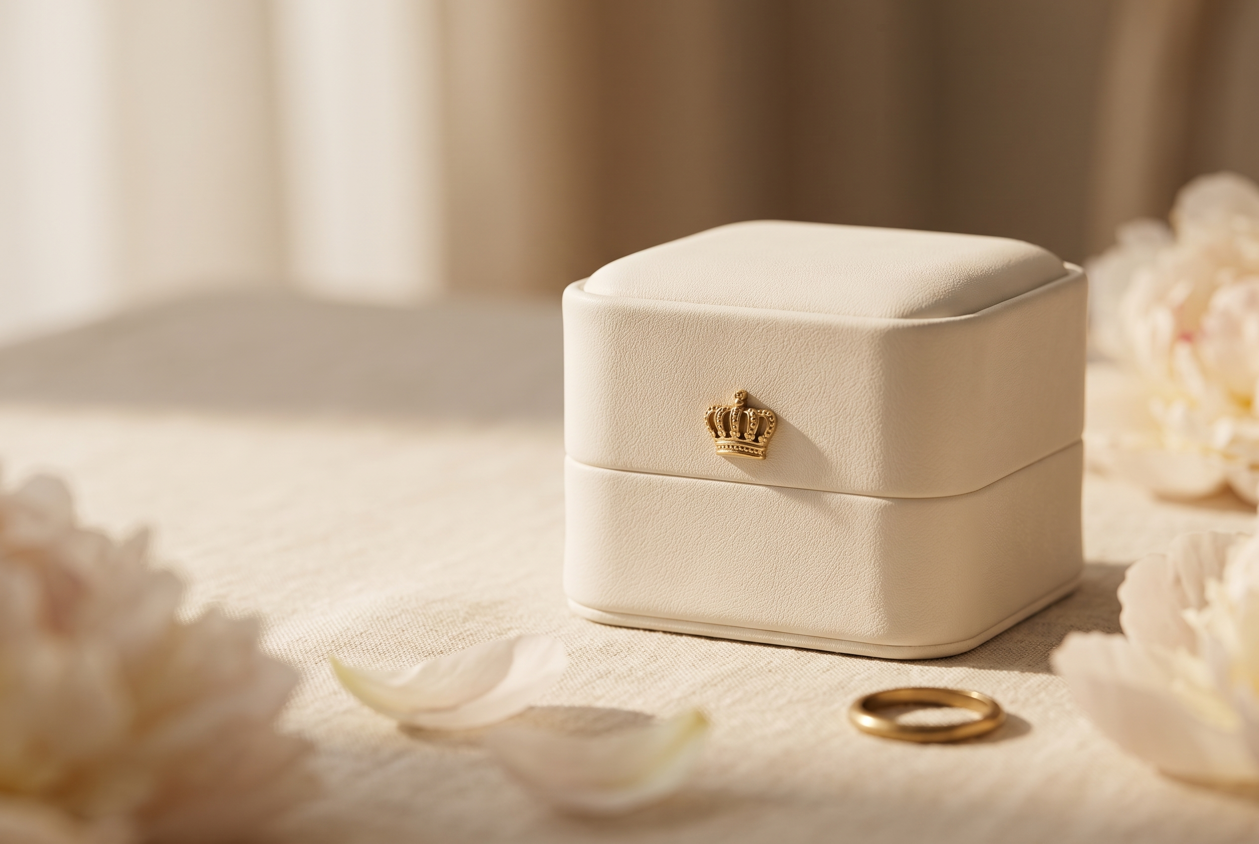 Ormelya Signature ring box in cream microfibre leather with an antique gold crown, editorial still life