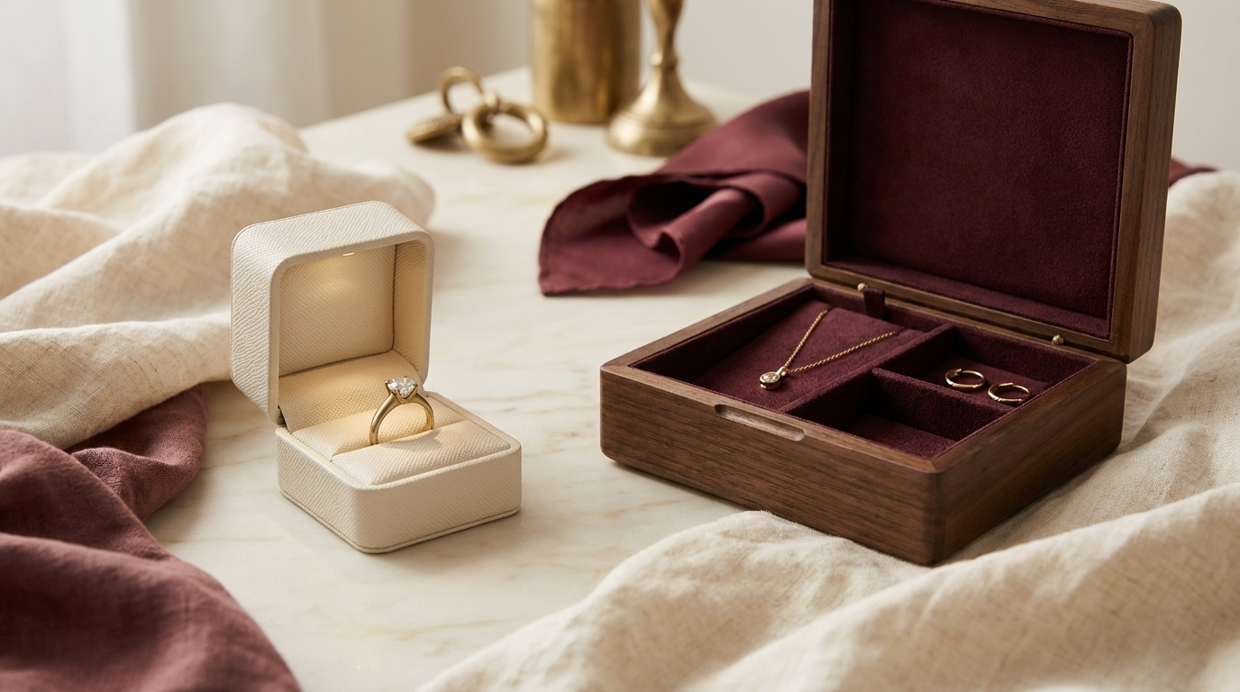 An open cream leather engagement ring box presenting a single solitaire ring, beside a larger open jewelry box holding a necklace and rings in several compartments