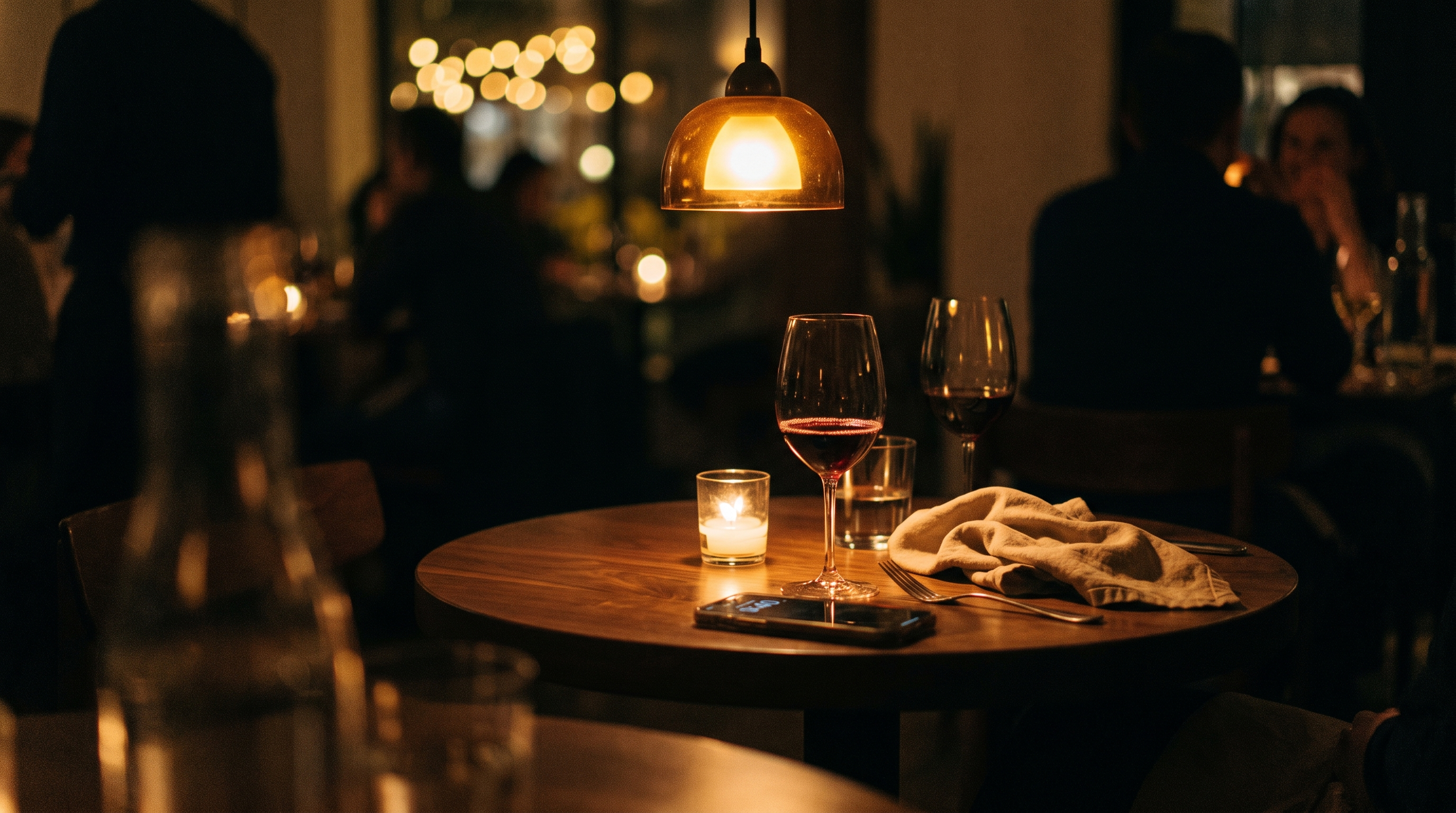 Candlelit night restaurant table, the dim low-light setting a light-up LED ring box is built for