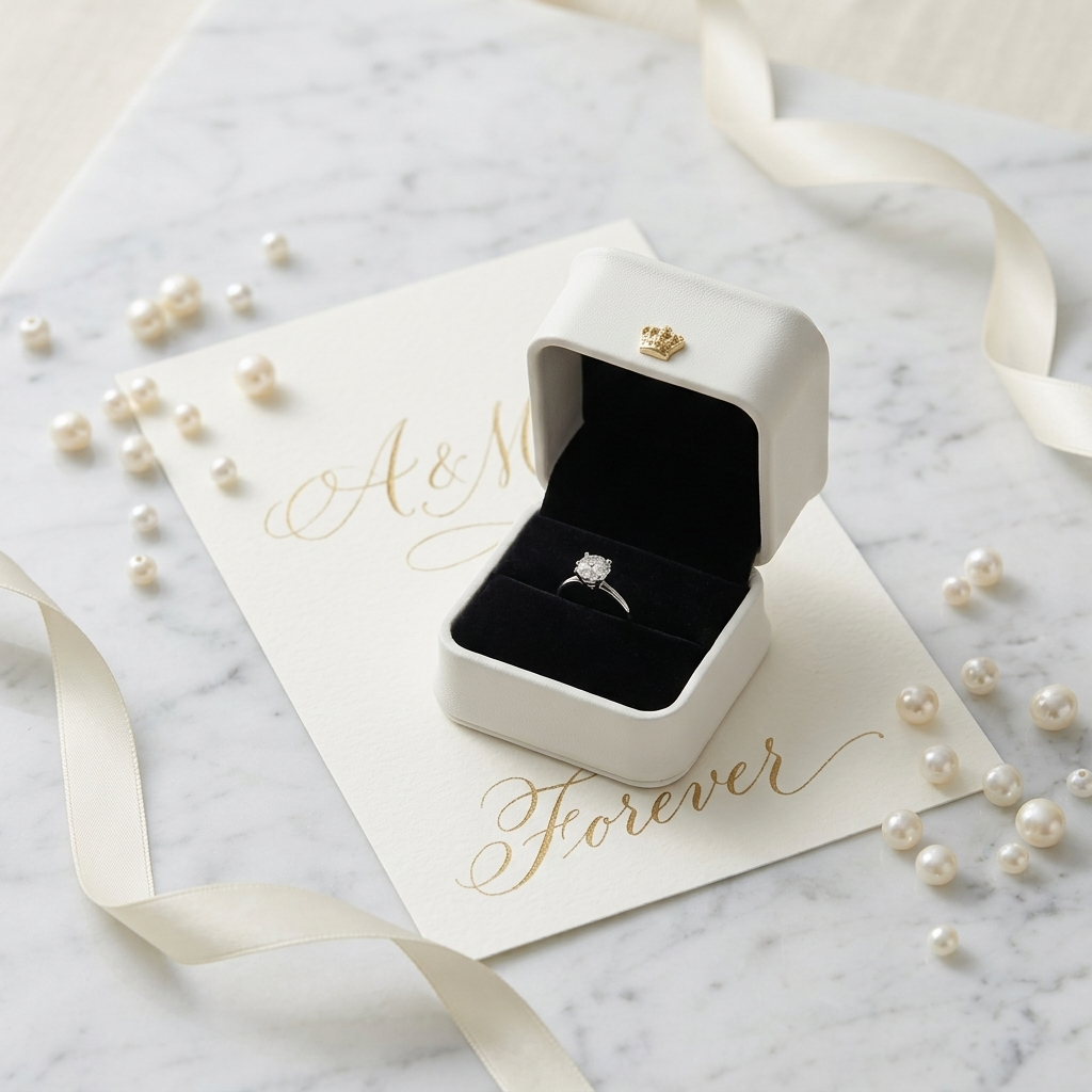 Pearl White ring box open with ring on marble wedding flatlay · Ormelya