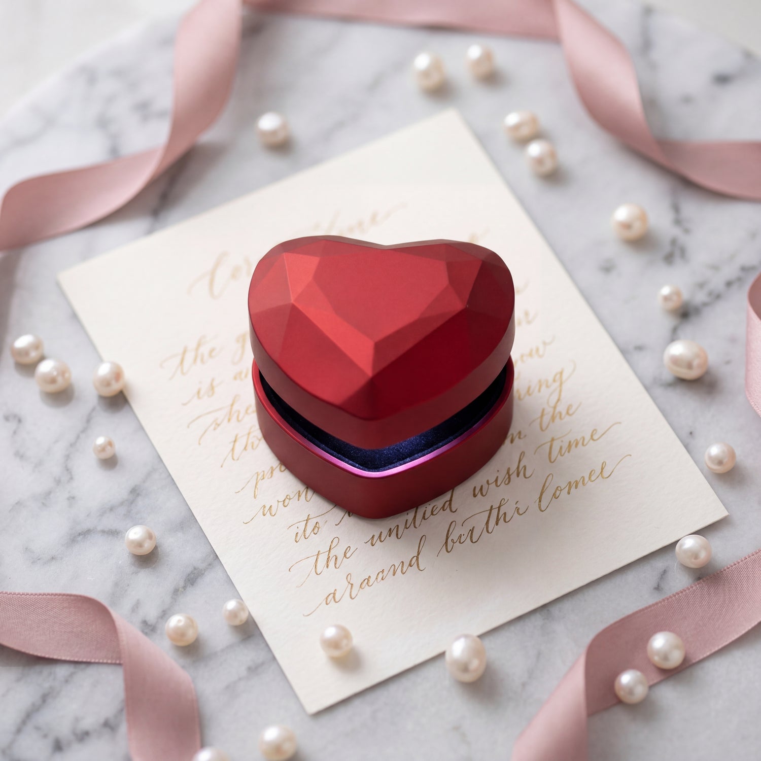 Ormelya Lumière Heart · Rouge · velvet interior detail with engagement ring
