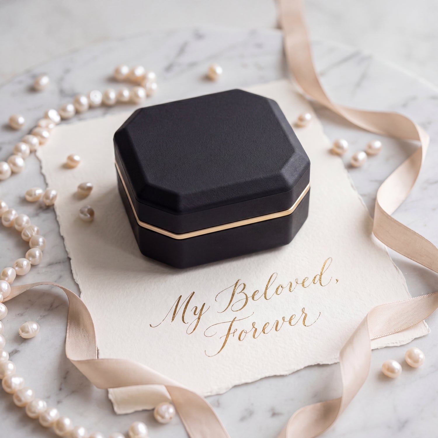 Ormelya Sovereign · open on marble at low light with diamond solitaire · LED proposal box