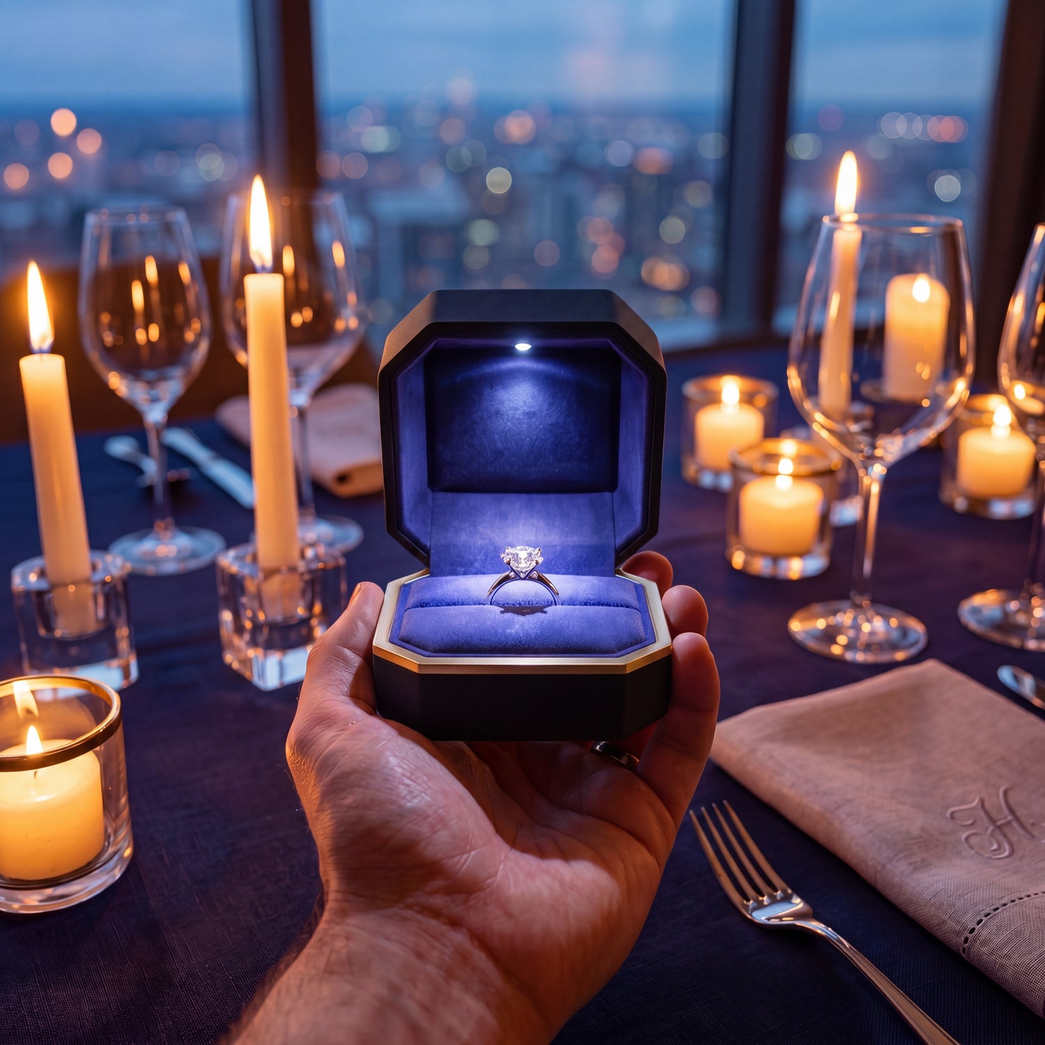 Ormelya Sovereign · octagonal silhouette held in hand · luxury proposal ring box