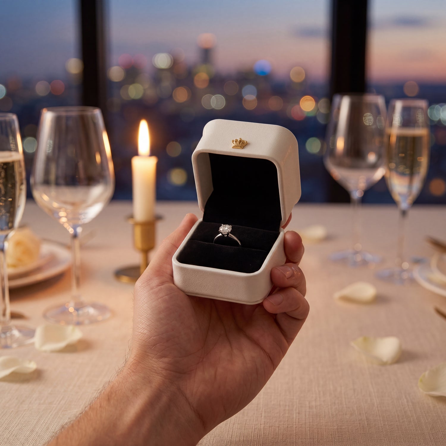 Pearl White ring box open with ring held in hand romantic dinner · Ormelya