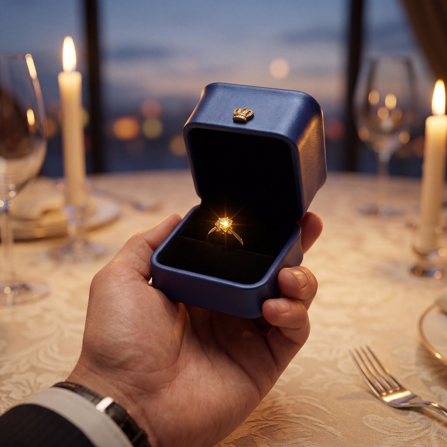 Sapphire Blue ring box open with ring held in hand romantic dinner · Ormelya
