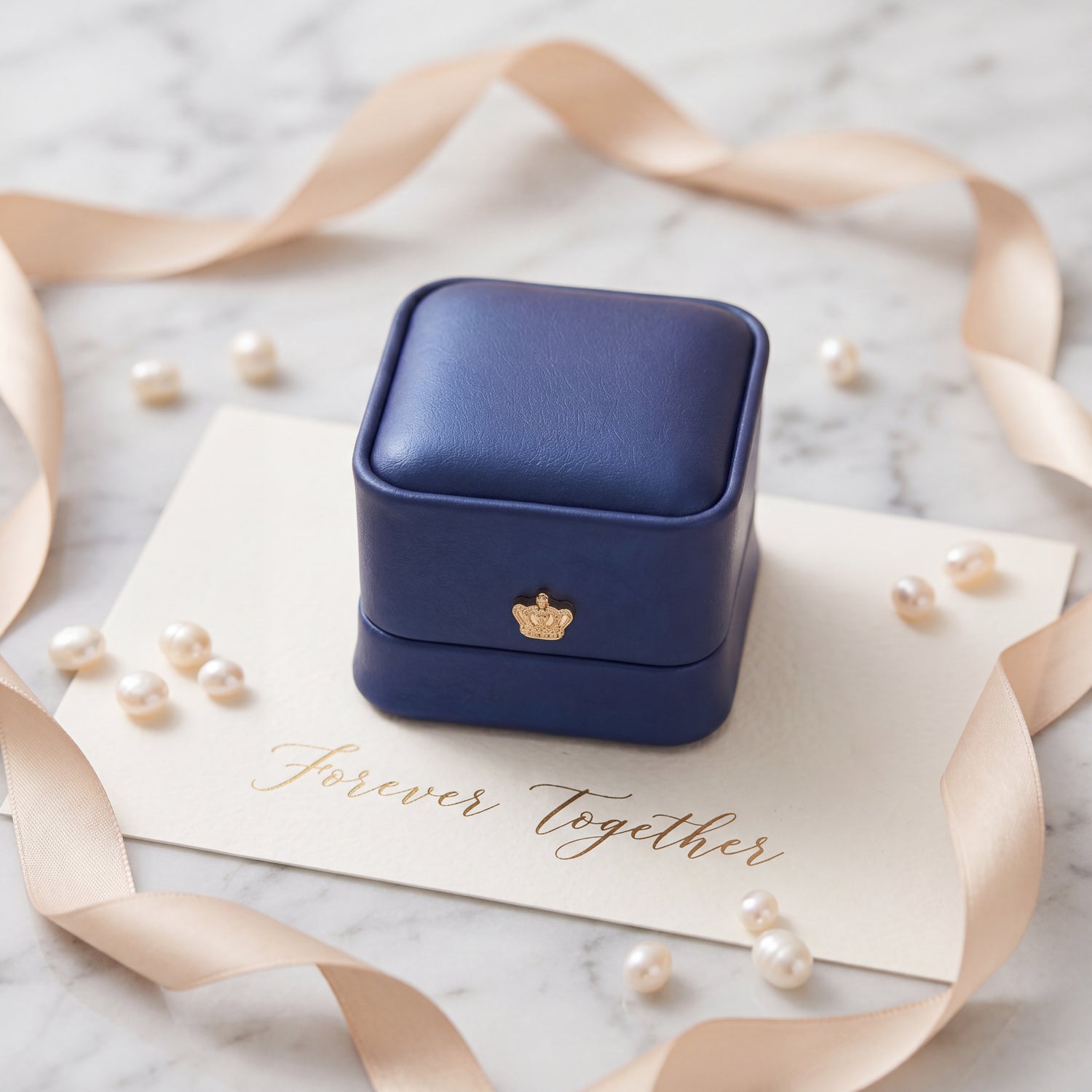 Sapphire Blue ring box closed wedding flatlay with pearls and ribbon · Ormelya