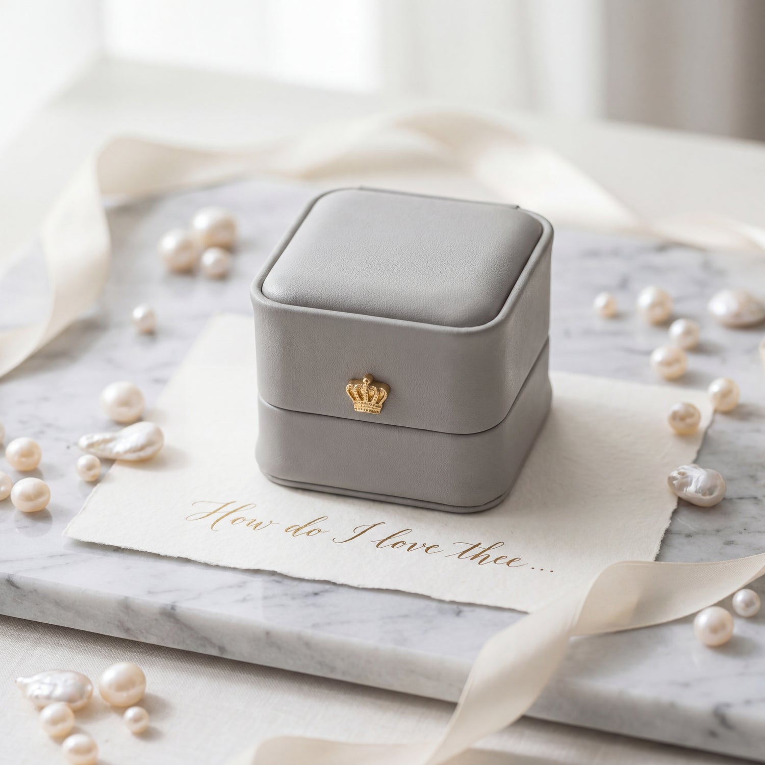 Slate Grey ring box closed wedding flatlay with pearls on marble · Ormelya