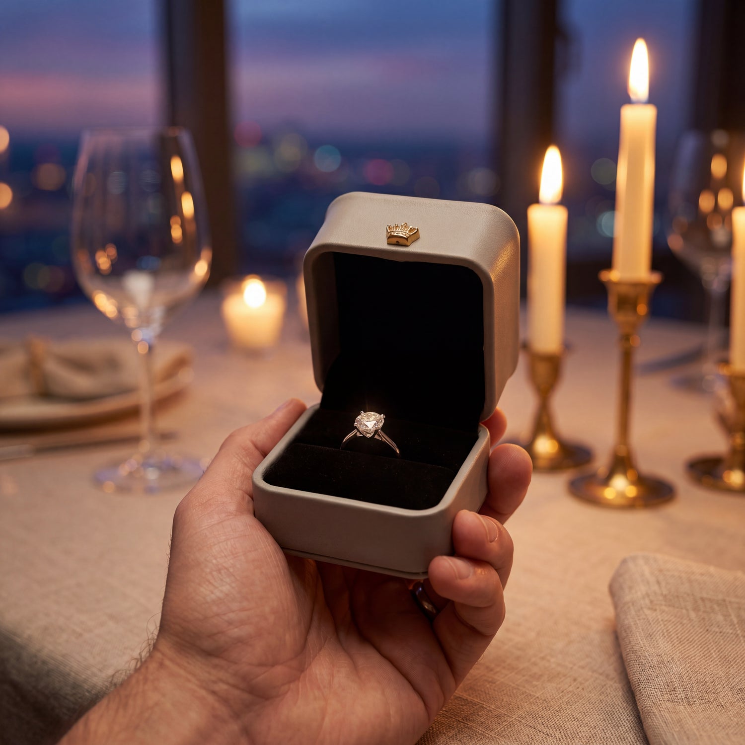 Slate Grey ring box open with ring held in hand romantic dinner · Ormelya