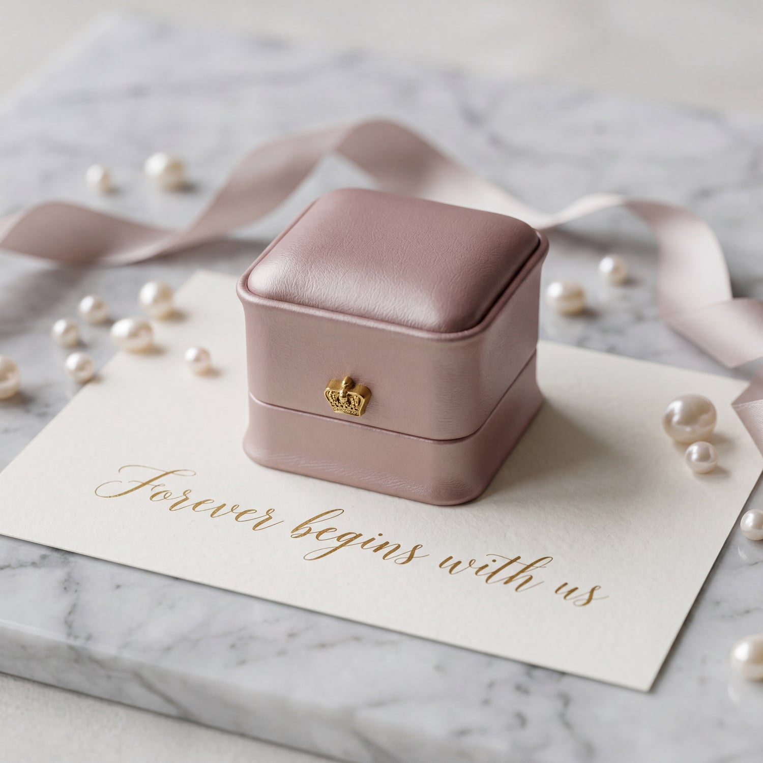 Rose Gold ring box closed on marble with wedding card · Ormelya