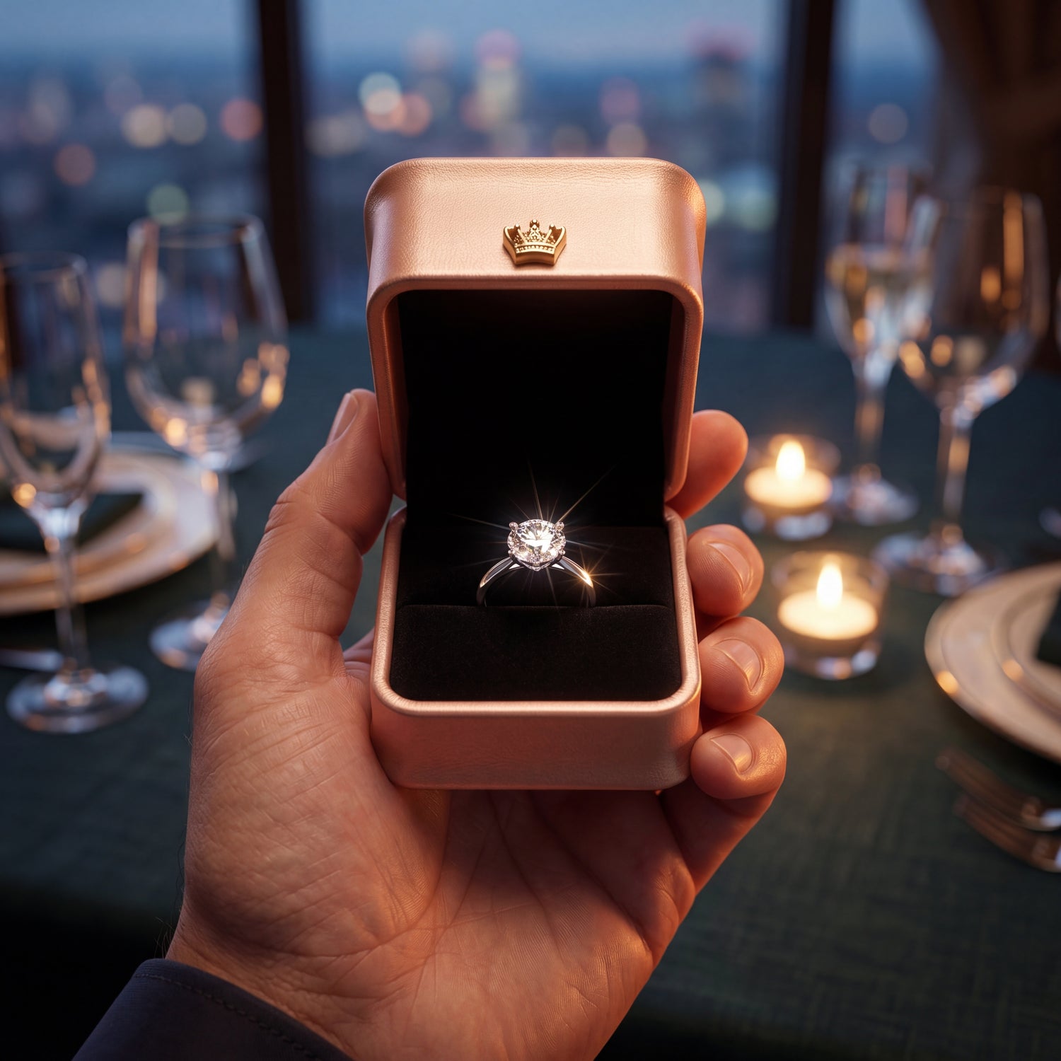 Rose Gold ring box open with diamond ring in hand · Ormelya