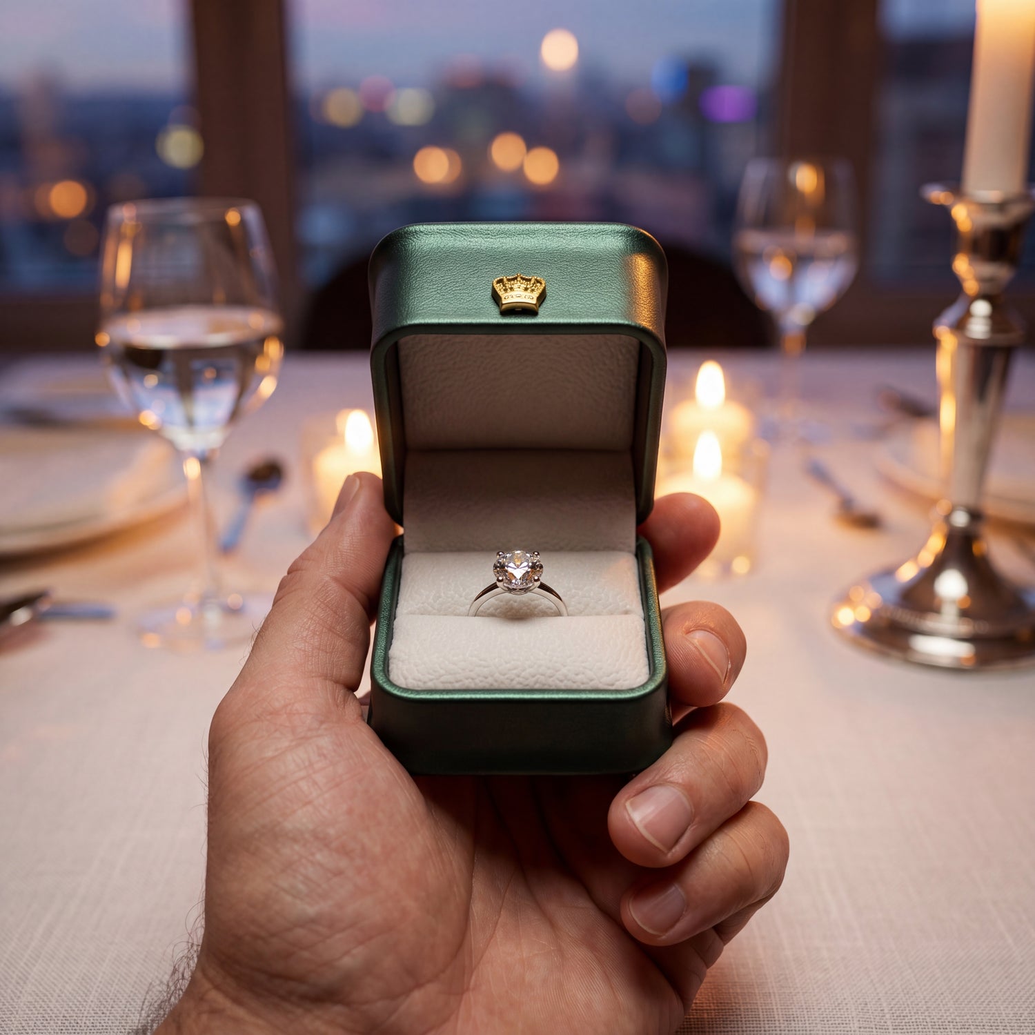 Forest Teal ring box open with diamond ring held in hand romantic dinner · Ormelya