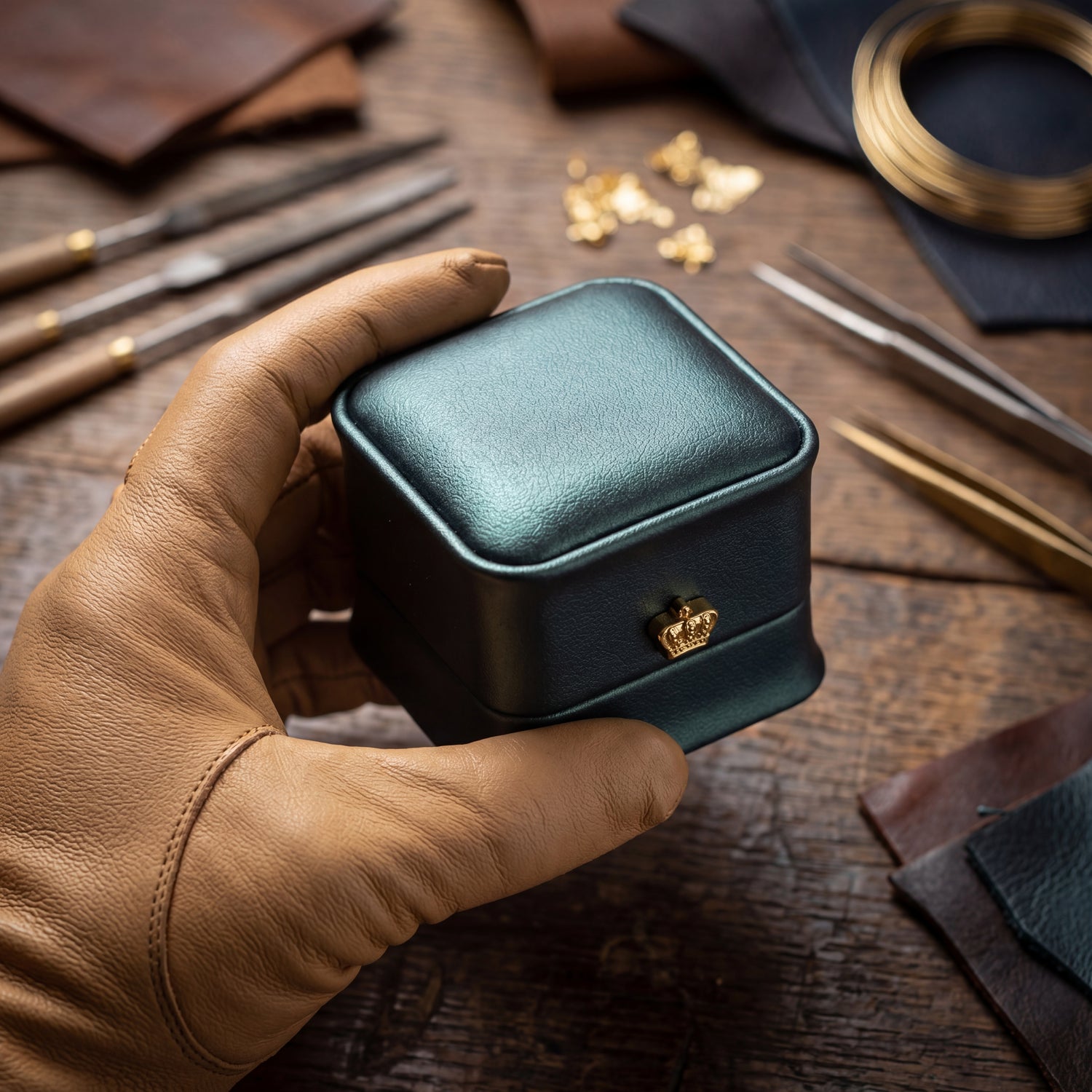 Forest Teal ring box held in hand artisan workshop gold detail · Ormelya