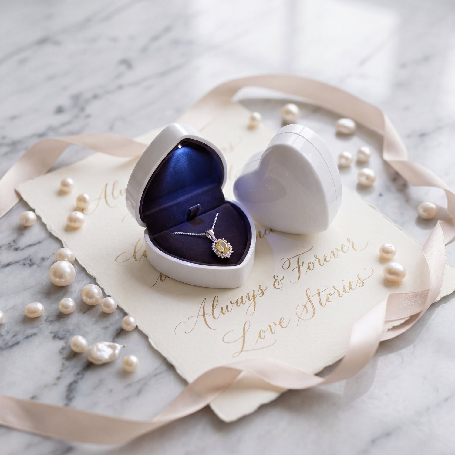 Ormelya Lumière Heart · Ivory · velvet interior detail with solitaire ring